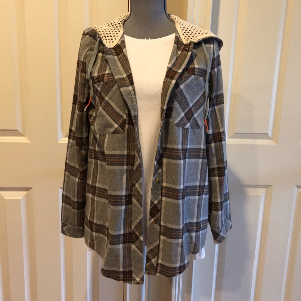 Adorable gray & rust plaid hooded shirt/jacket.